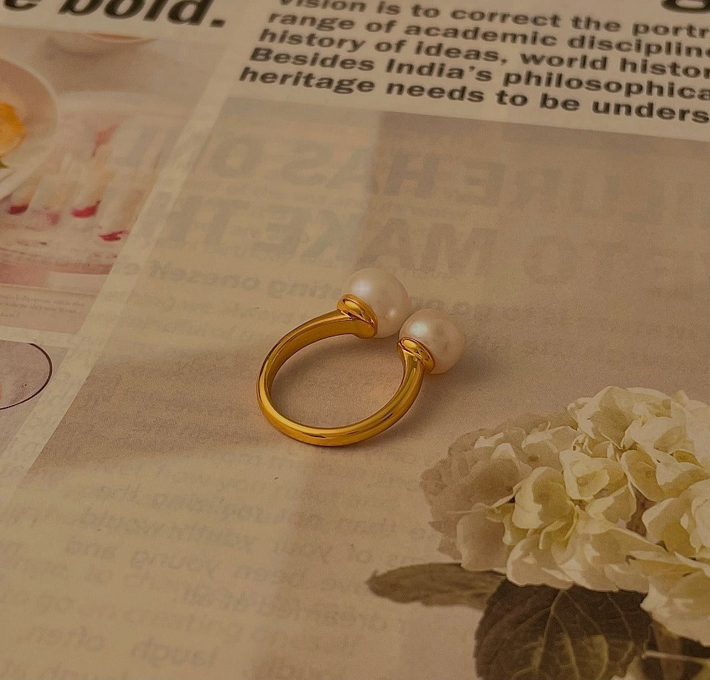 Smile Dimples Two Pearls Open Ring