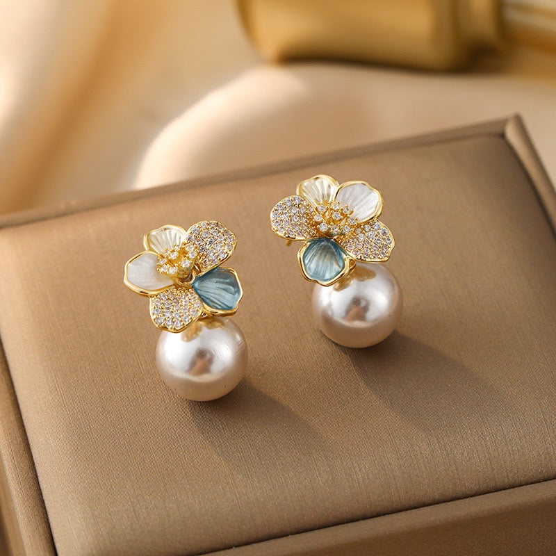 Aqua Blue Bloom Pearl Earrings