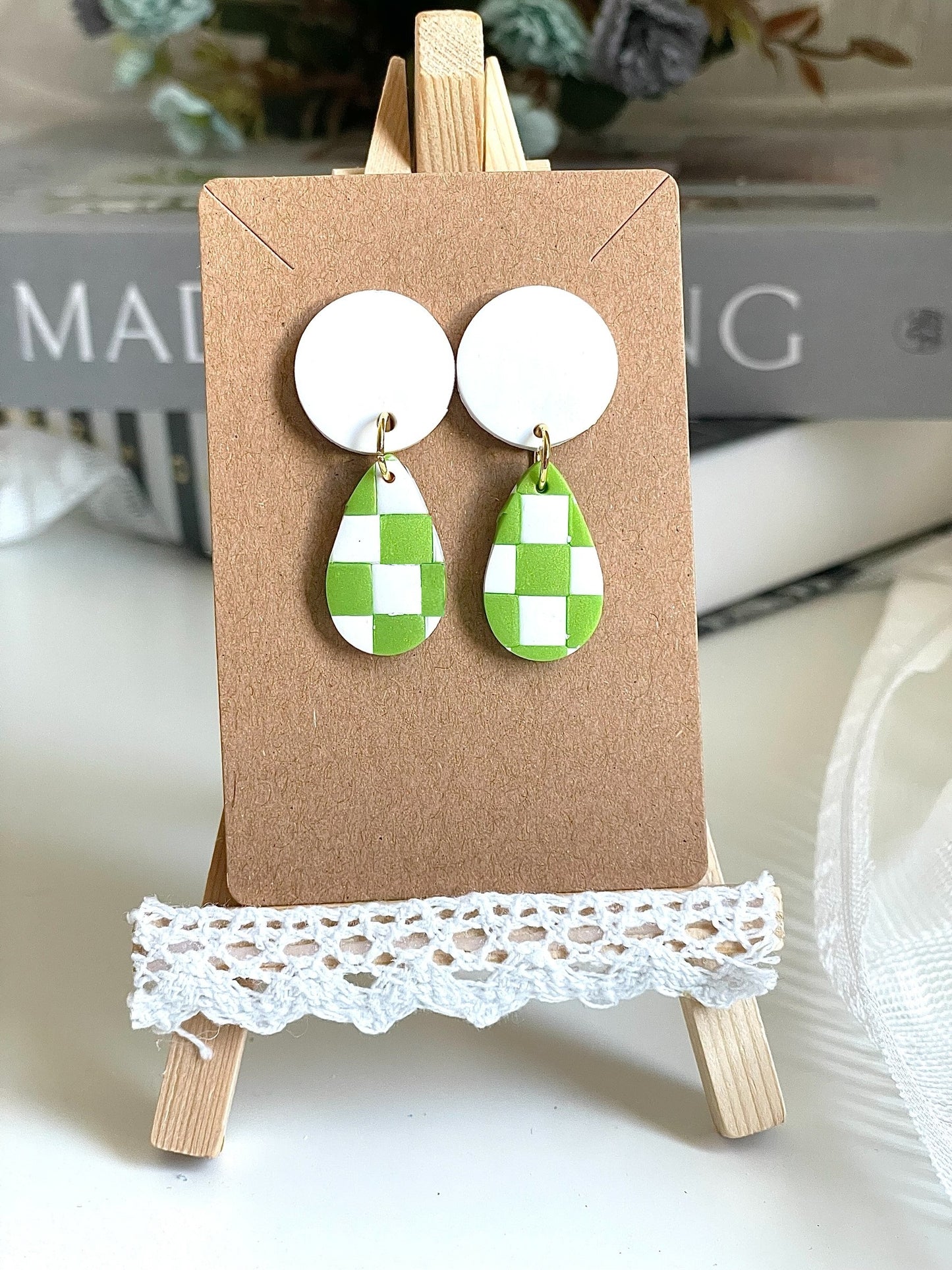 Green Grid Pattern Waterdrop Earrings