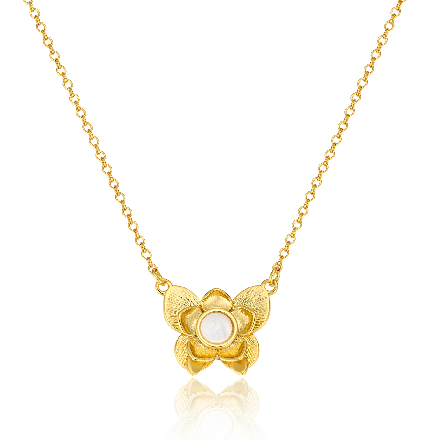A vintage gold-plated brass butterfly lotus-shaped pendant with an extended chain.