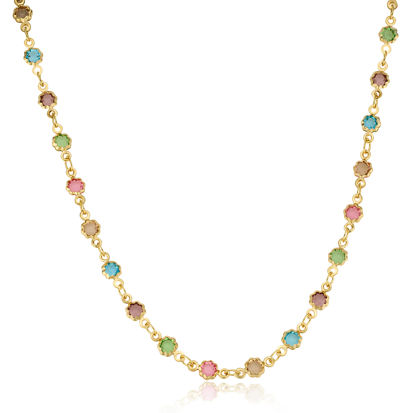 A vintage gold-colored glass necklace with a variety of colorful beads, featuring an extended chain.
