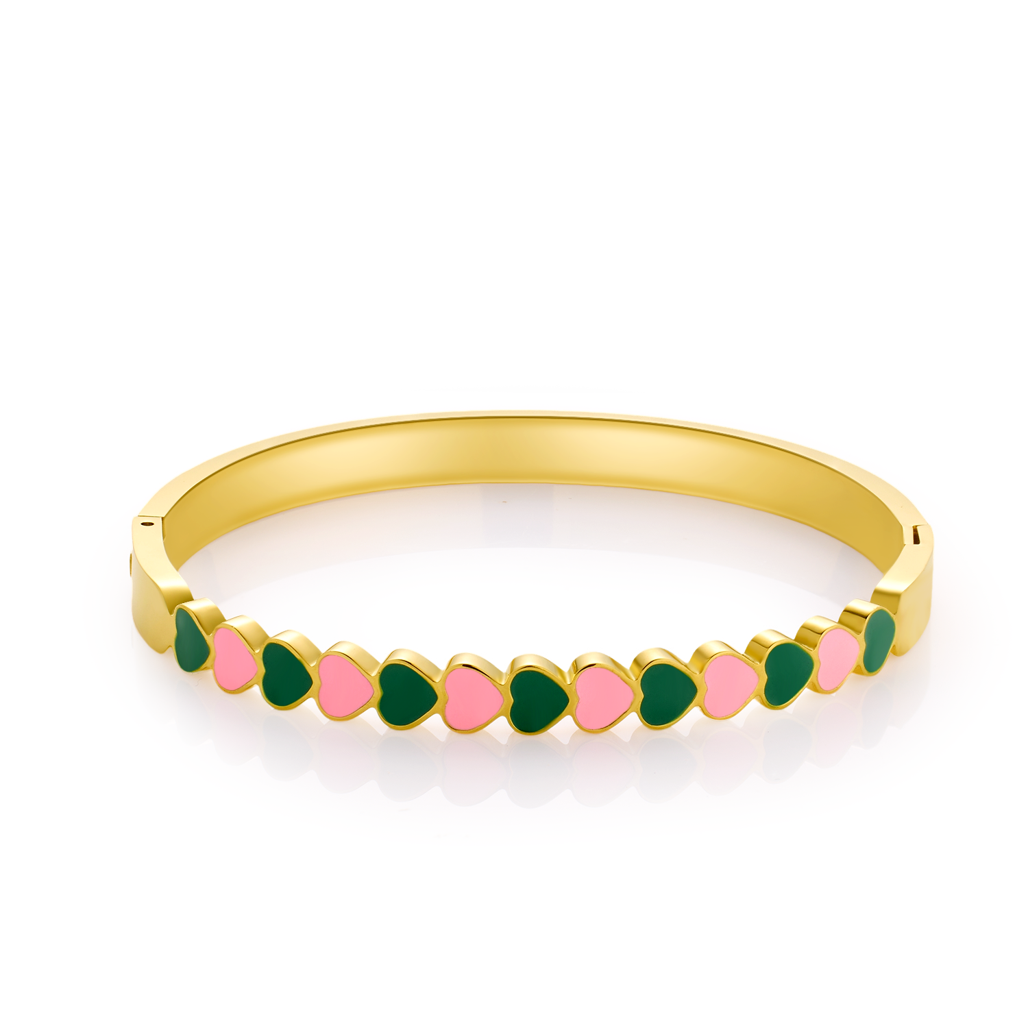 A gold-colored bracelet with love-shaped motifs in pink and green on a white background.