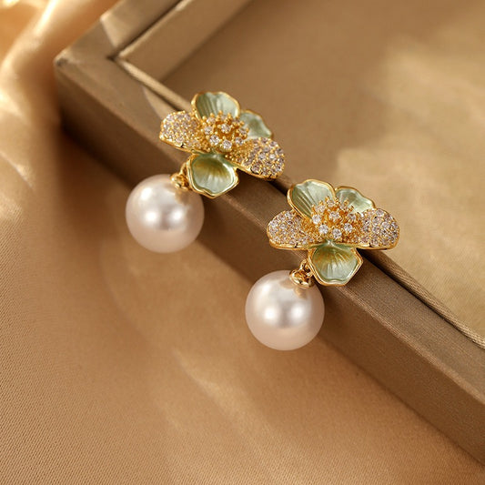 Sage Green Bloom Pearl Earrings