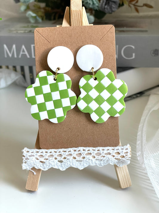 Green Grid Pattern Flower Earrings